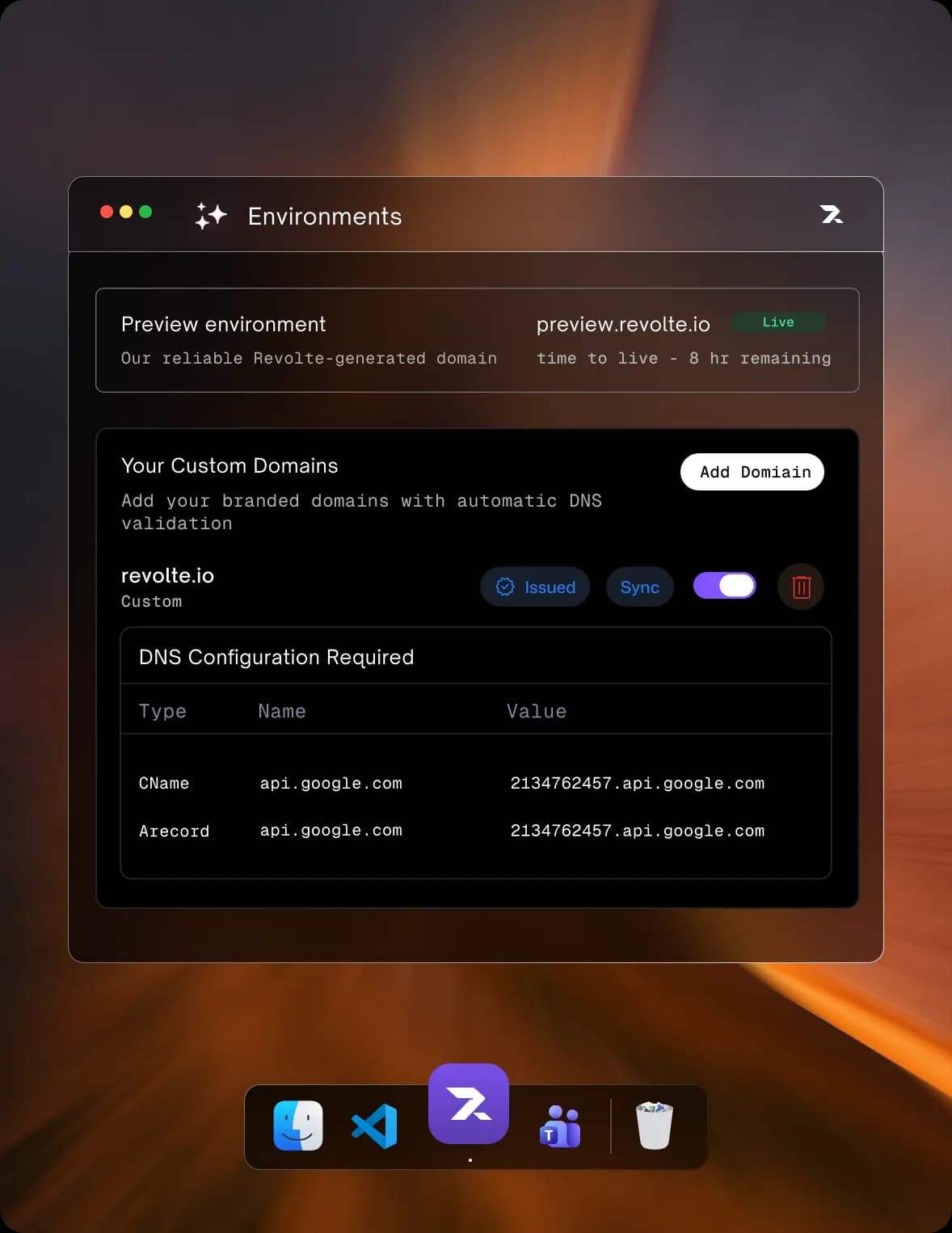 Preview environments showing per-branch deployment with custom domains